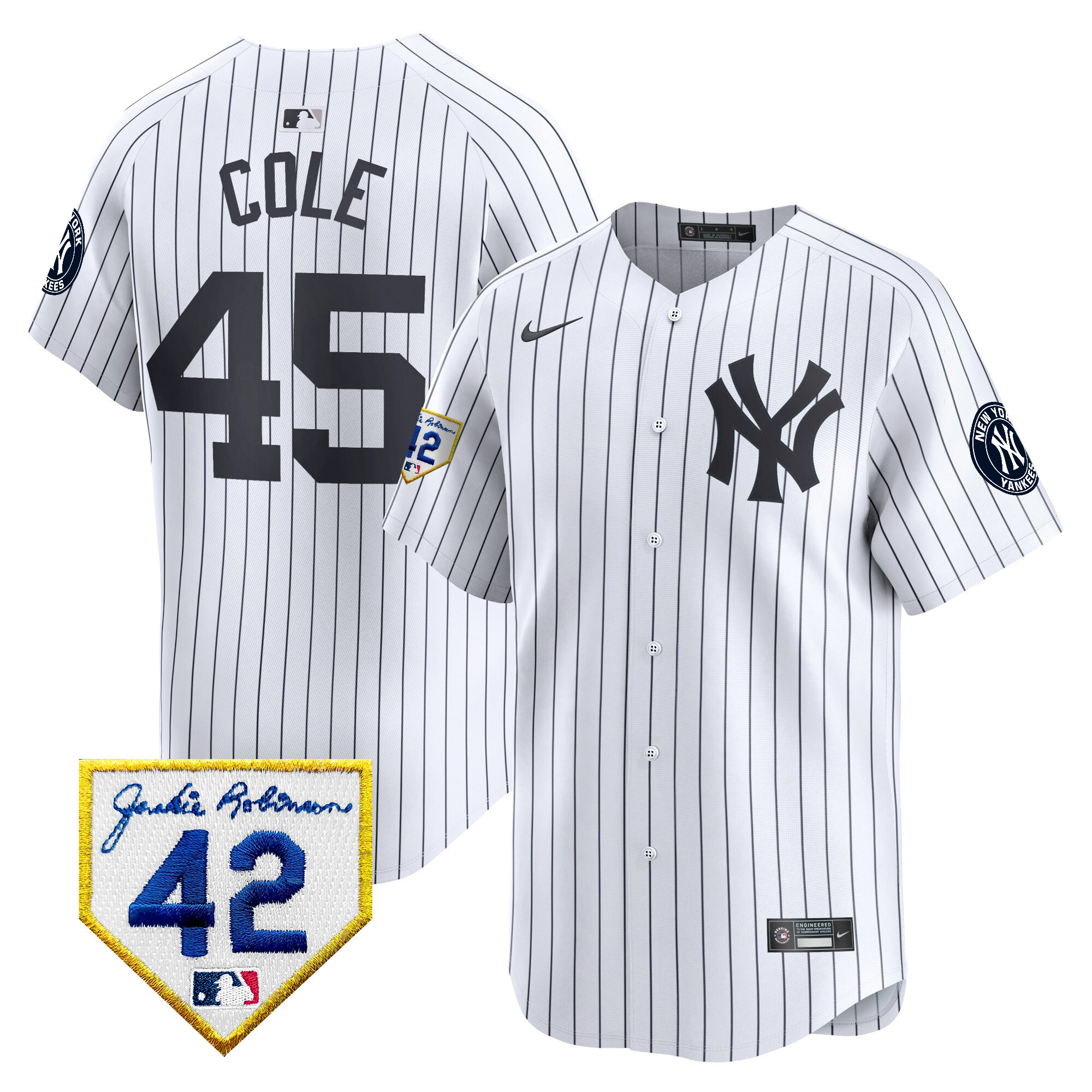 Gerrit Cole Men's New York Yankees 2024 Jackie Robinson Patch Vapor Premier Limited White Jersey - All Stitched