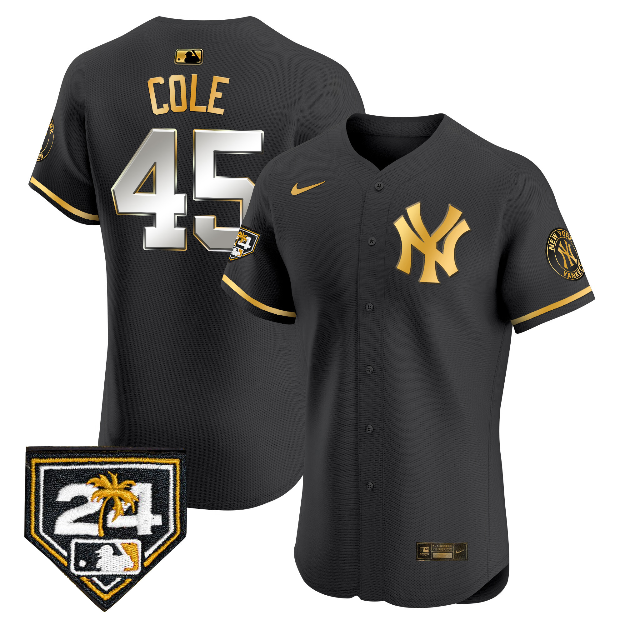 Gerrit Cole Men's New York Yankees 2024 Spring Training Patch Vapor Premier Elite V2 Black Gold Jersey - All Stitched