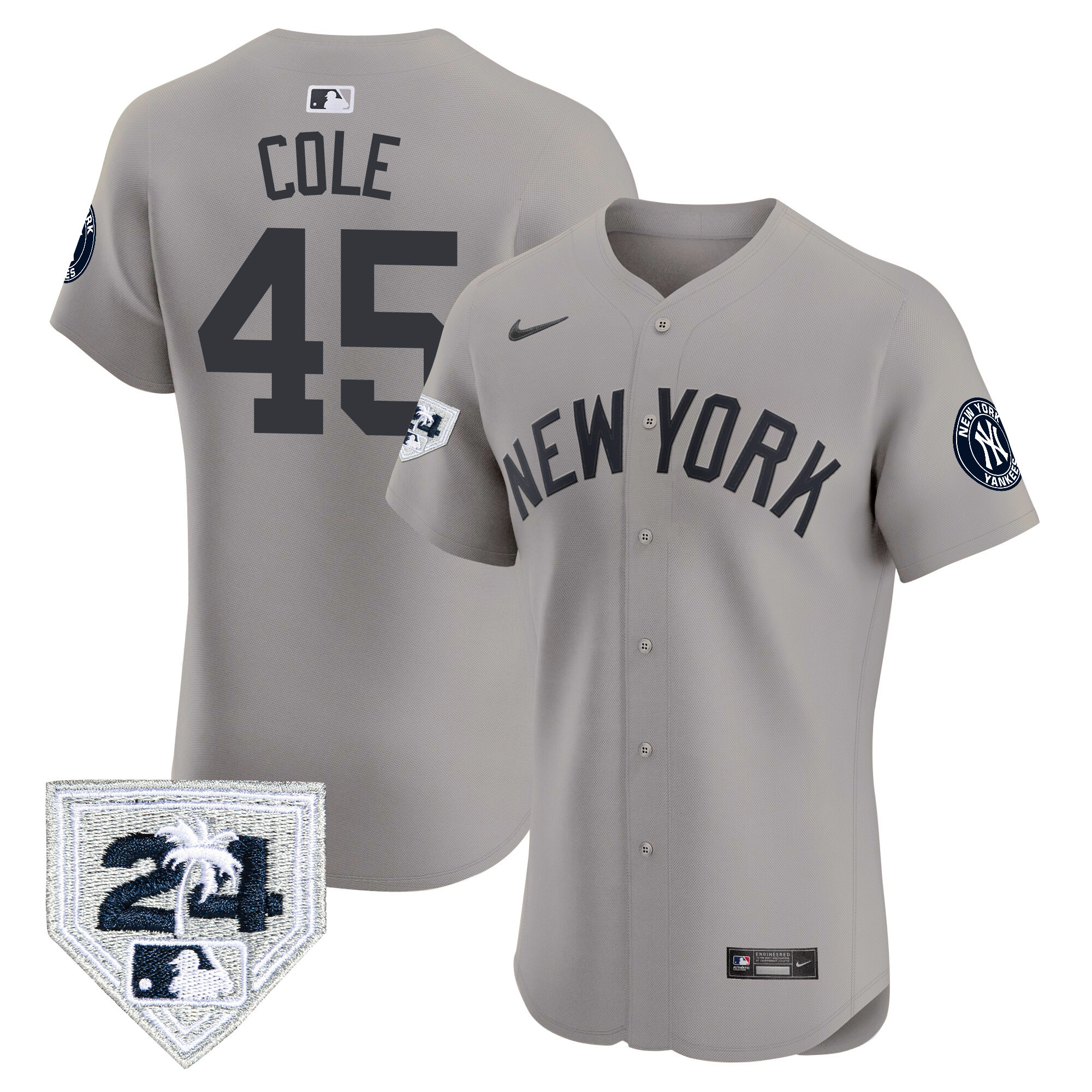 Gerrit Cole Men's New York Yankees 2024 Spring Training Patch Vapor Premier Elite V2 Gray Jersey - All Stitched