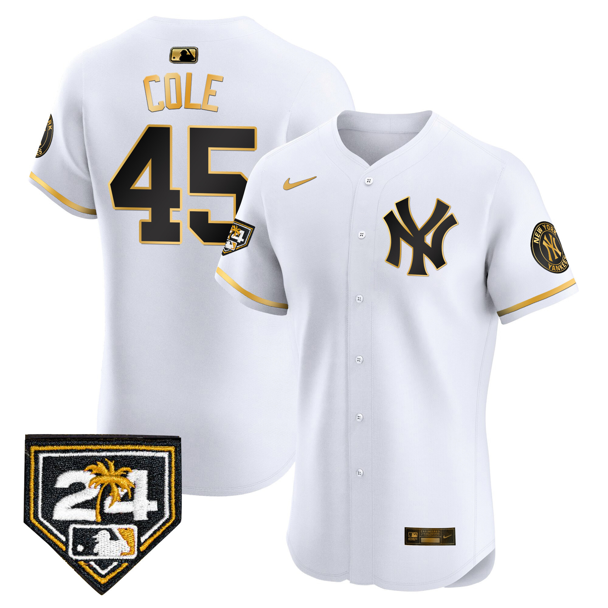 Gerrit Cole Men's New York Yankees 2024 Spring Training Patch Vapor Premier Elite V2 White Gold Jersey - All Stitched