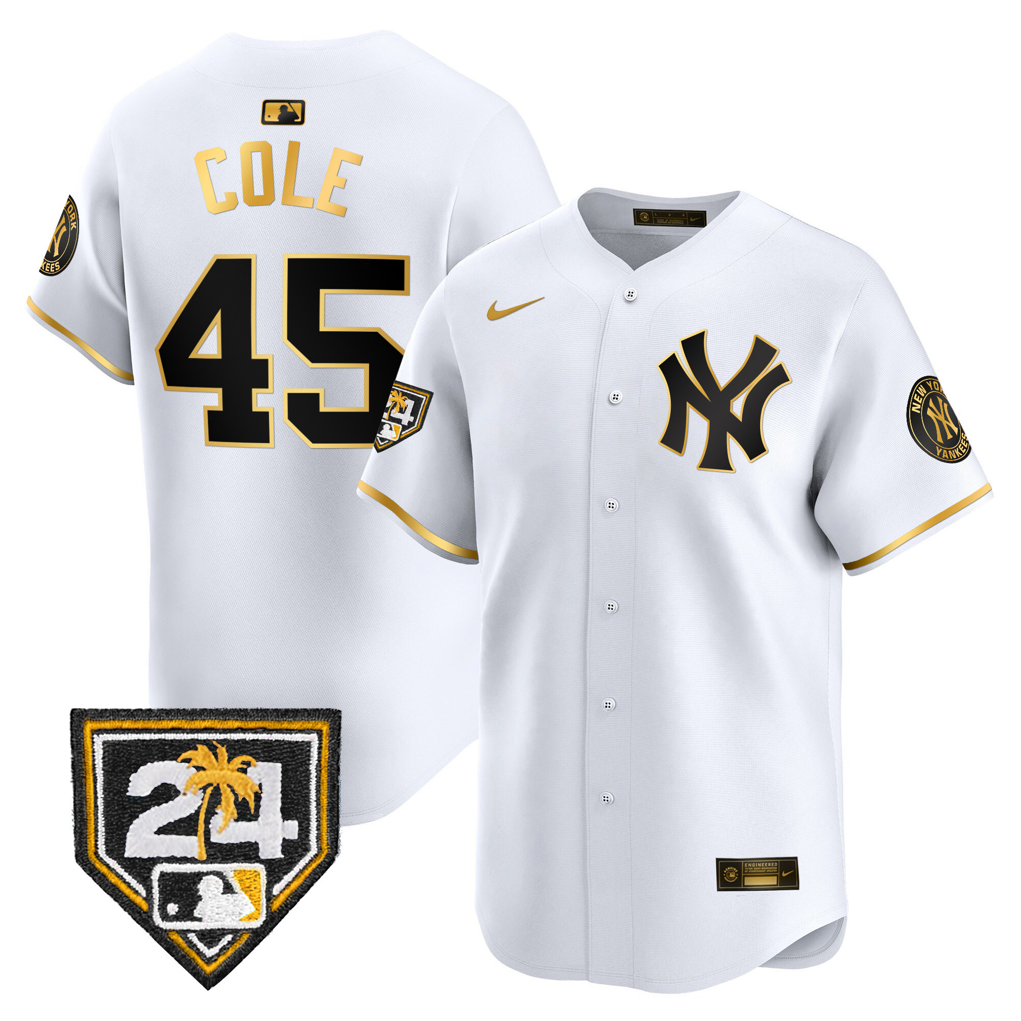 Gerrit Cole Men's New York Yankees 2024 Spring Training Patch Vapor Premier Limited V2 White Gold Jersey - All Stitched