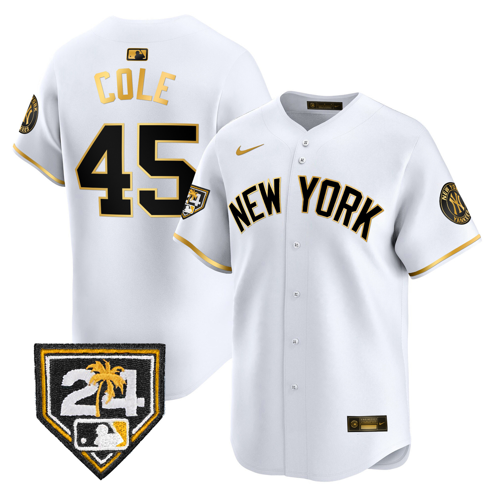 Gerrit Cole Men's New York Yankees 2024 Spring Training Patch Vapor Premier Limited V3 White Gold Jersey - All Stitched