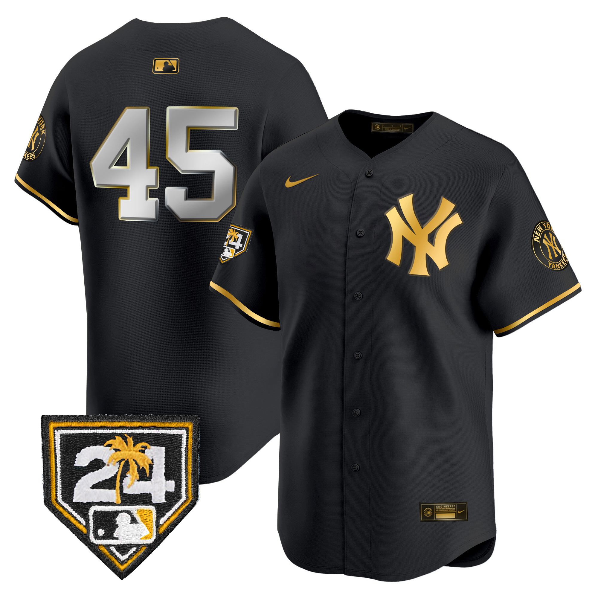 Gerrit Cole Men's New York Yankees 2024 Spring Training Patch Vapor Premier Limited V4 Black Gold Jersey - All Stitched
