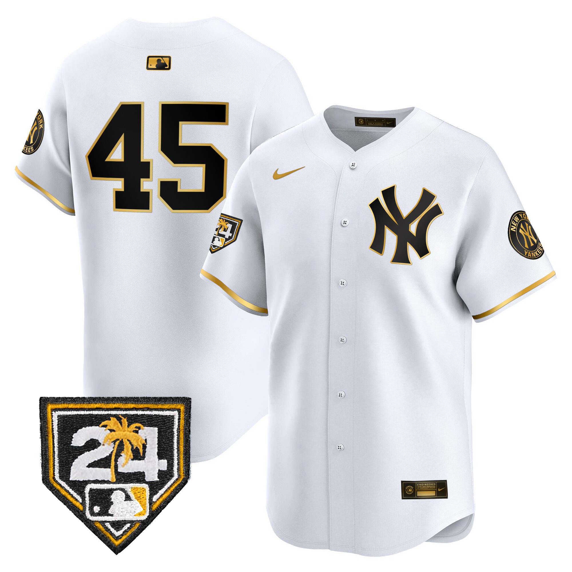 Gerrit Cole Men's New York Yankees 2024 Spring Training Patch Vapor Premier Limited V4 White Gold Jersey - All Stitched
