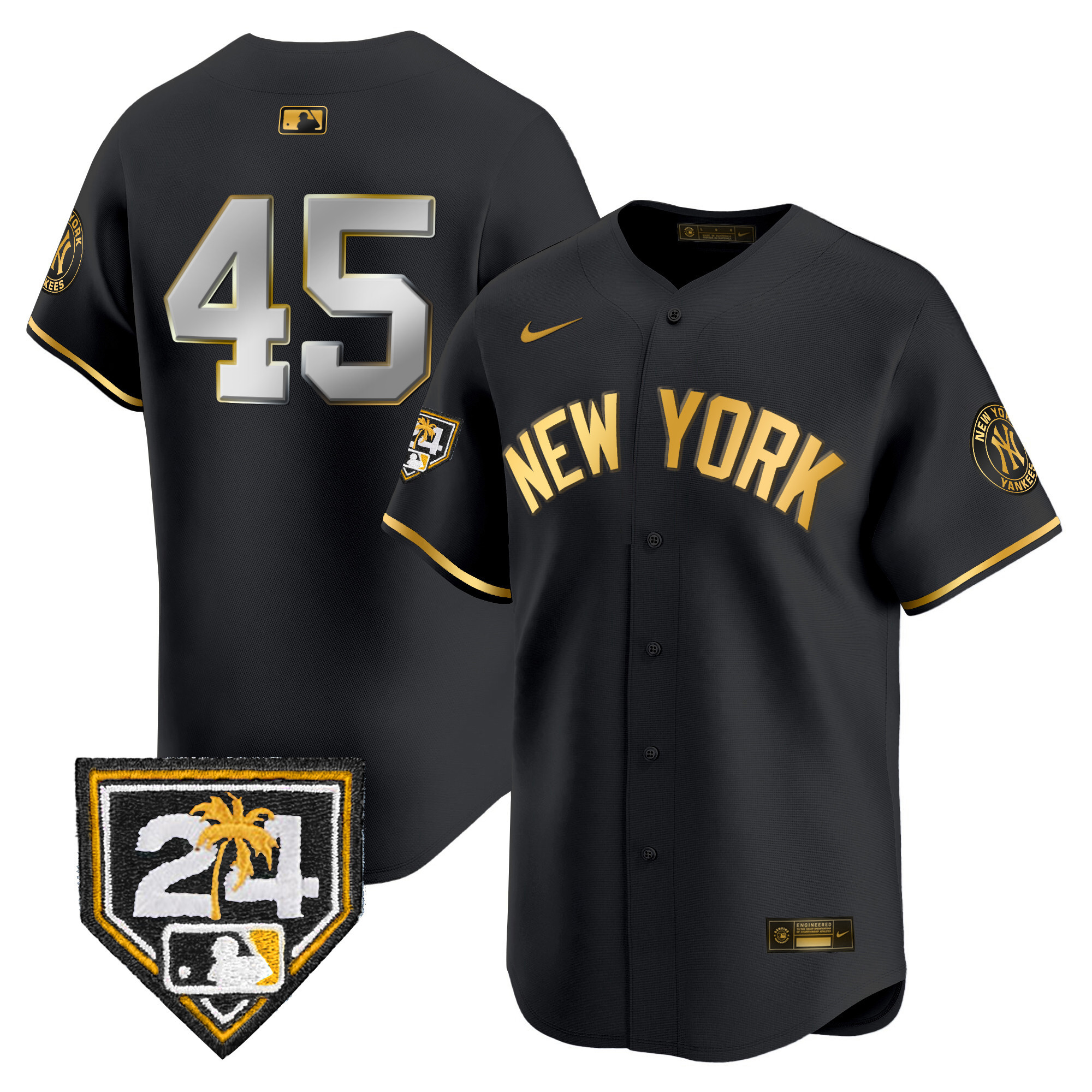 Gerrit Cole Men's New York Yankees 2024 Spring Training Patch Vapor Premier Limited V5 Black Gold Jersey - All Stitched