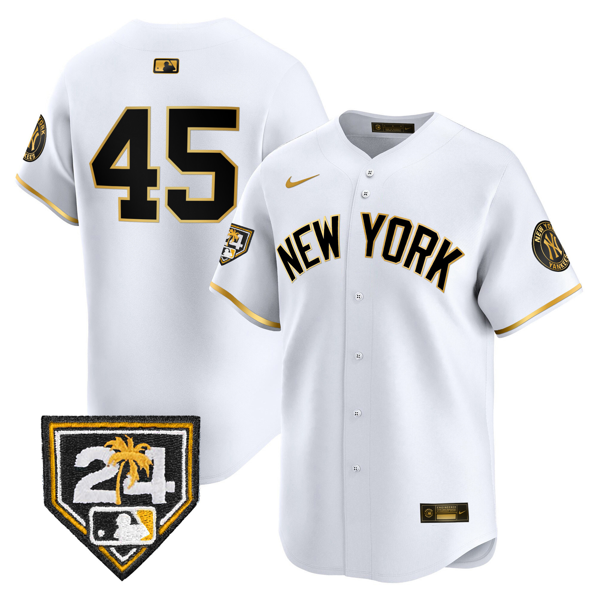 Gerrit Cole Men's New York Yankees 2024 Spring Training Patch Vapor Premier Limited V5 White Gold Jersey - All Stitched