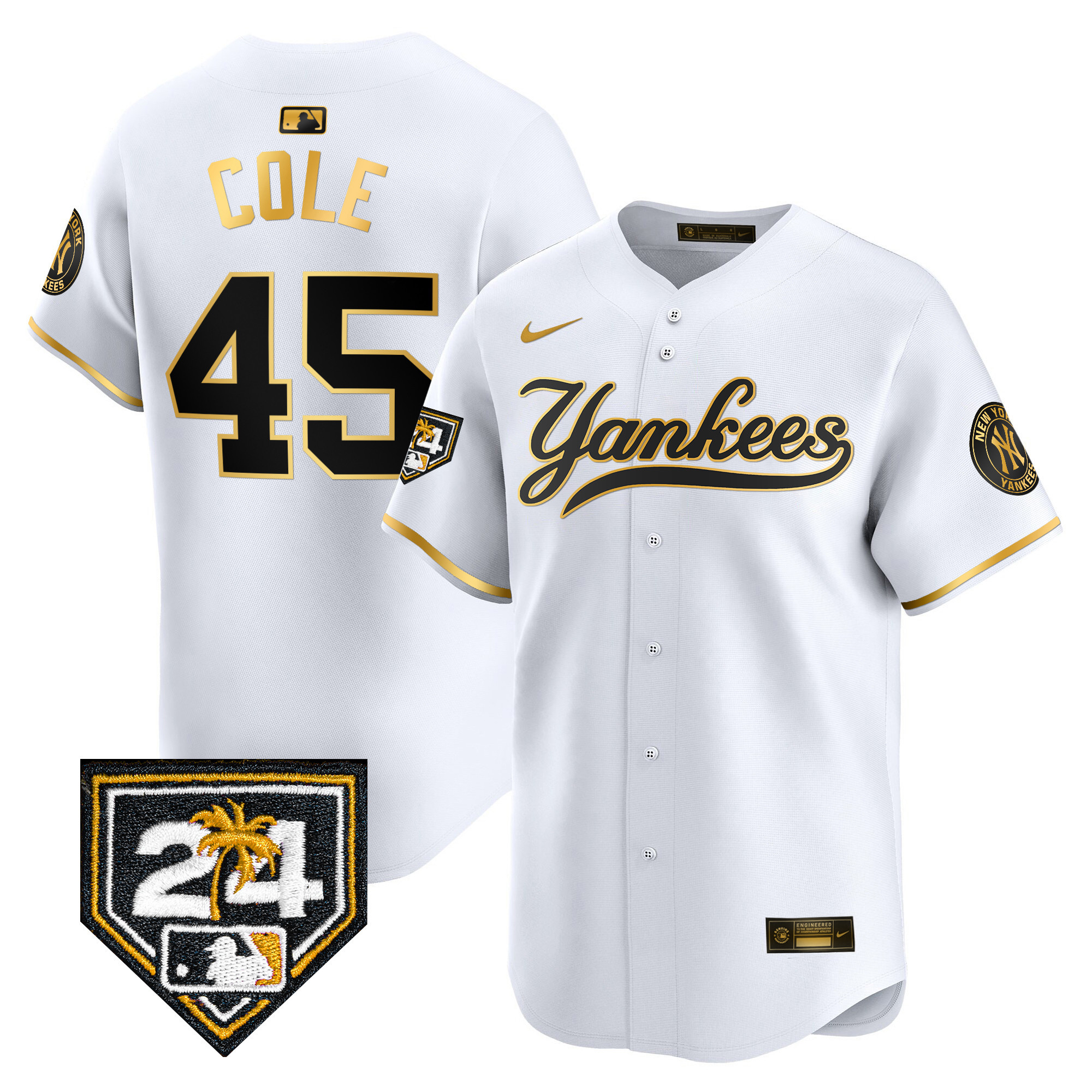 Gerrit Cole Men's New York Yankees 2024 Spring Training Patch Vapor Premier Limited V6 White Gold Jersey - All Stitched