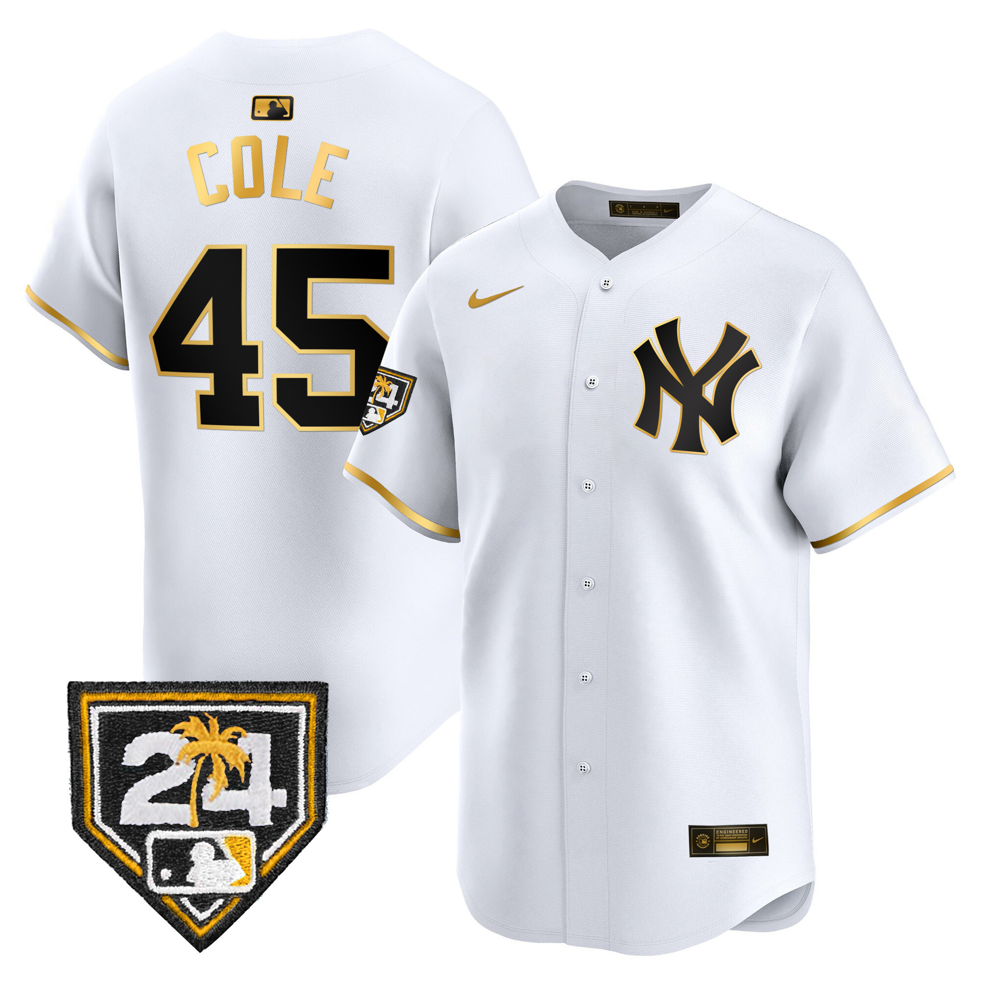 Gerrit Cole Men's New York Yankees 2024 Spring Training Patch Vapor Premier Limited White Gold Jersey - All Stitched
