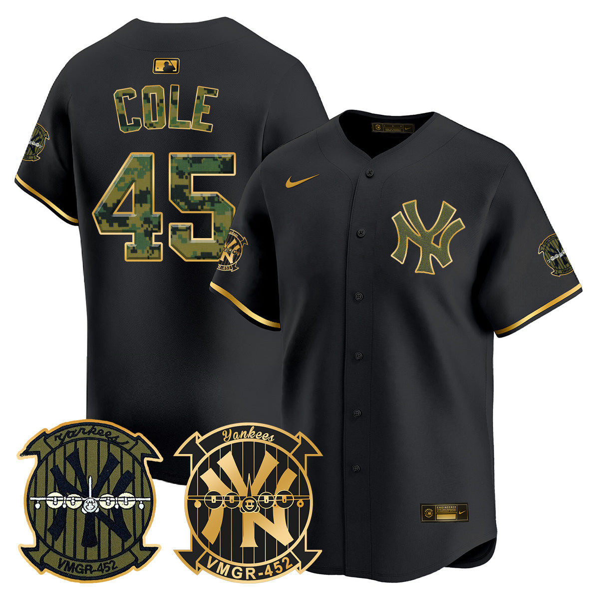 Gerrit Cole Men's New York Yankees Woodland USMC Alternate Vapor Premier Limited Black Gold Jersey - All Stitched