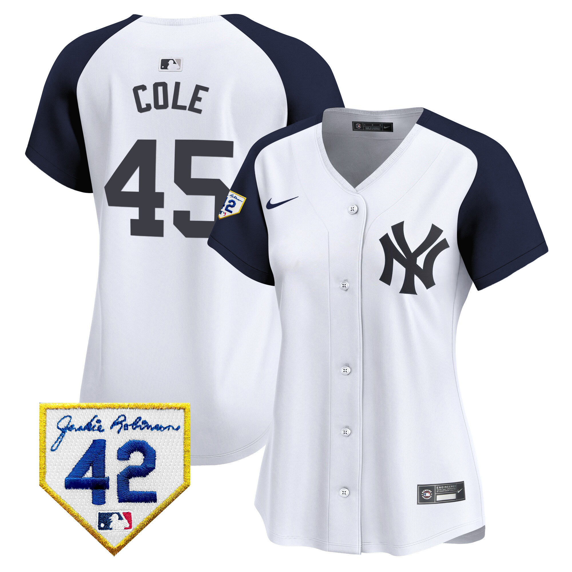 Gerrit Cole Women's New York Yankees 2024 Jackie Robinson Patch Vapor Premier Limited White Alternate Jersey - All Stitched