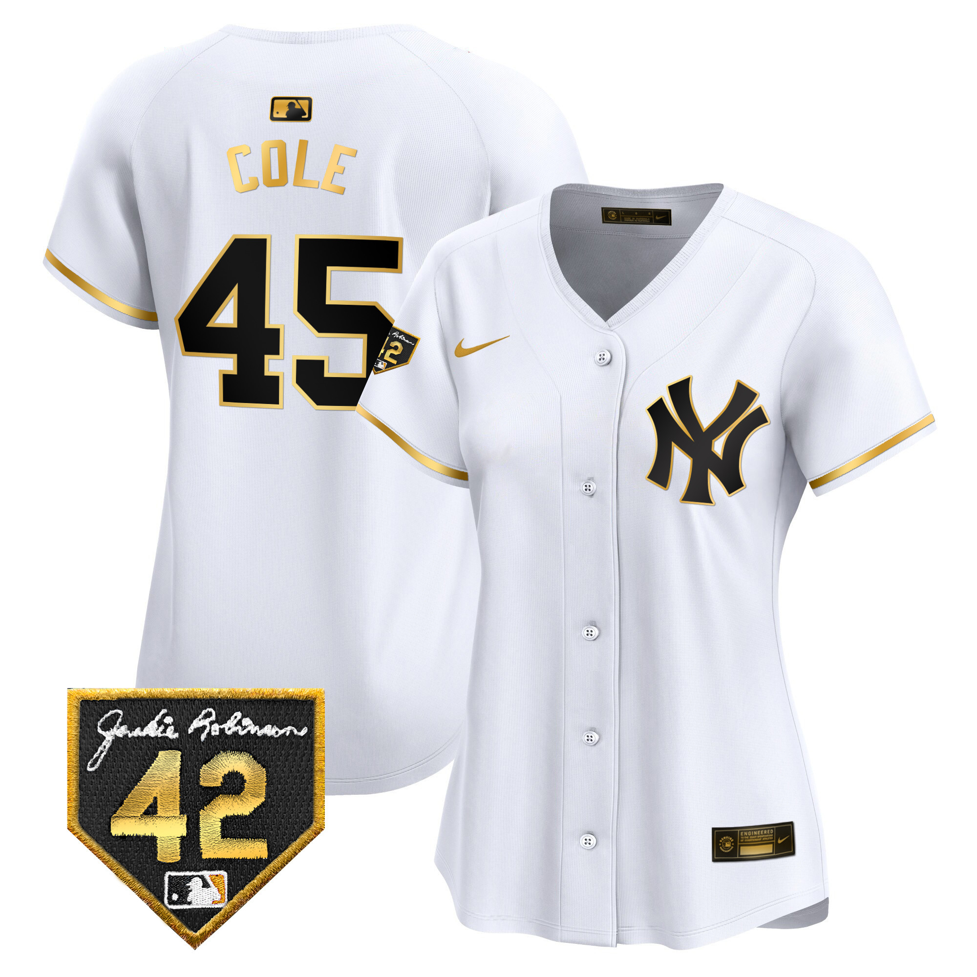Gerrit Cole Women's New York Yankees 2024 Jackie Robinson Patch Vapor Premier Limited White Gold Jersey - All Stitched