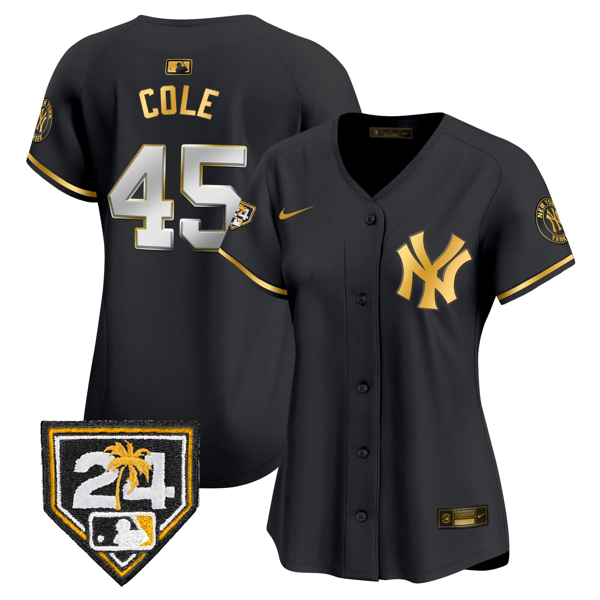 Gerrit Cole Women's New York Yankees 2024 Spring Training Patch Vapor Premier Limited V2 Black Gold Jersey - All Stitched