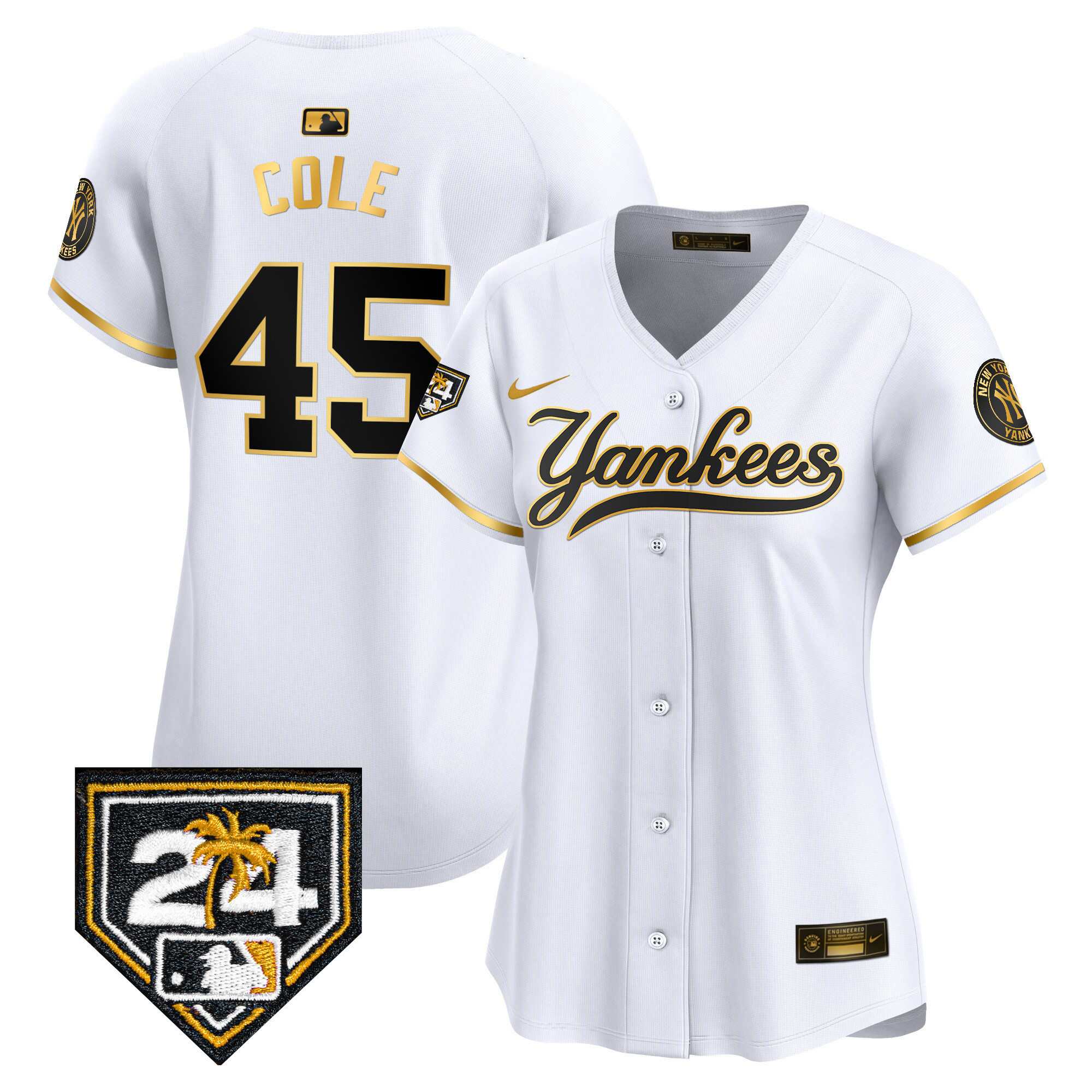 Gerrit Cole Women's New York Yankees 2024 Spring Training Patch Vapor Premier Limited V6 White Gold Jersey - All Stitched