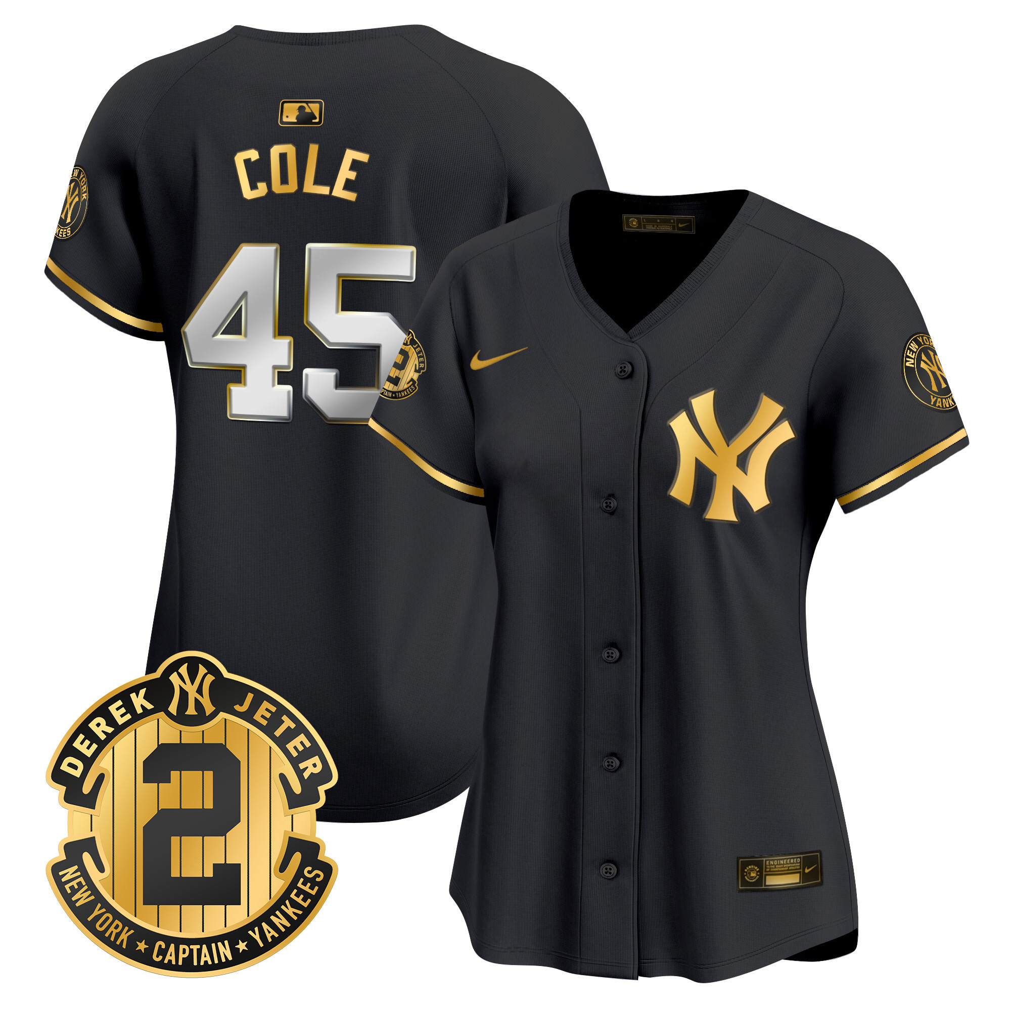Gerrit Cole Women's New York Yankees Derek Jeter Patch Vapor Premier Limited Black Gold Jersey - All Stitched