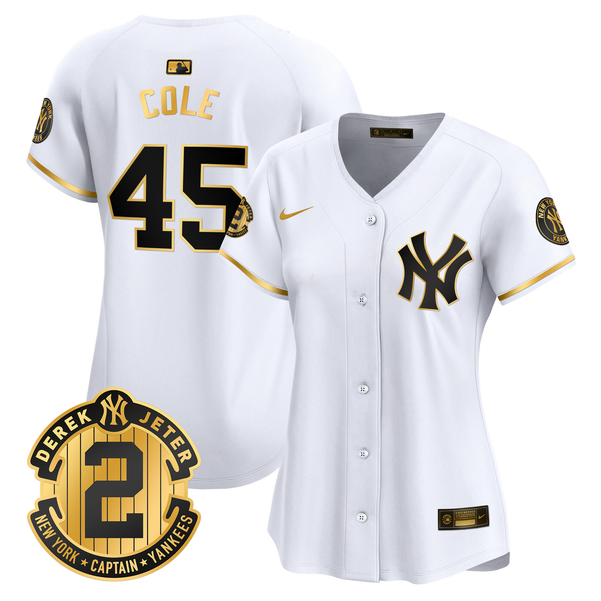 Gerrit Cole Women's New York Yankees Derek Jeter Patch Vapor Premier Limited White Gold Jersey - All Stitched
