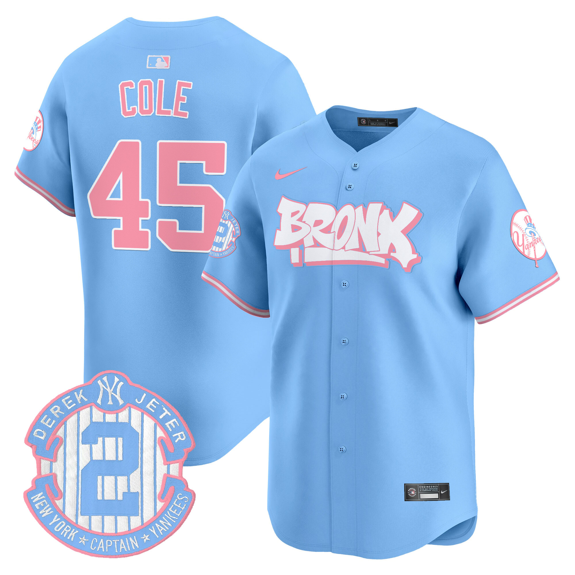 Gerrit ColeUnisex New York Yankees The Bronx Graffiti Bubblegum Pink Vapor Premier Limited Light Blue Jersey V2 - All Stitched