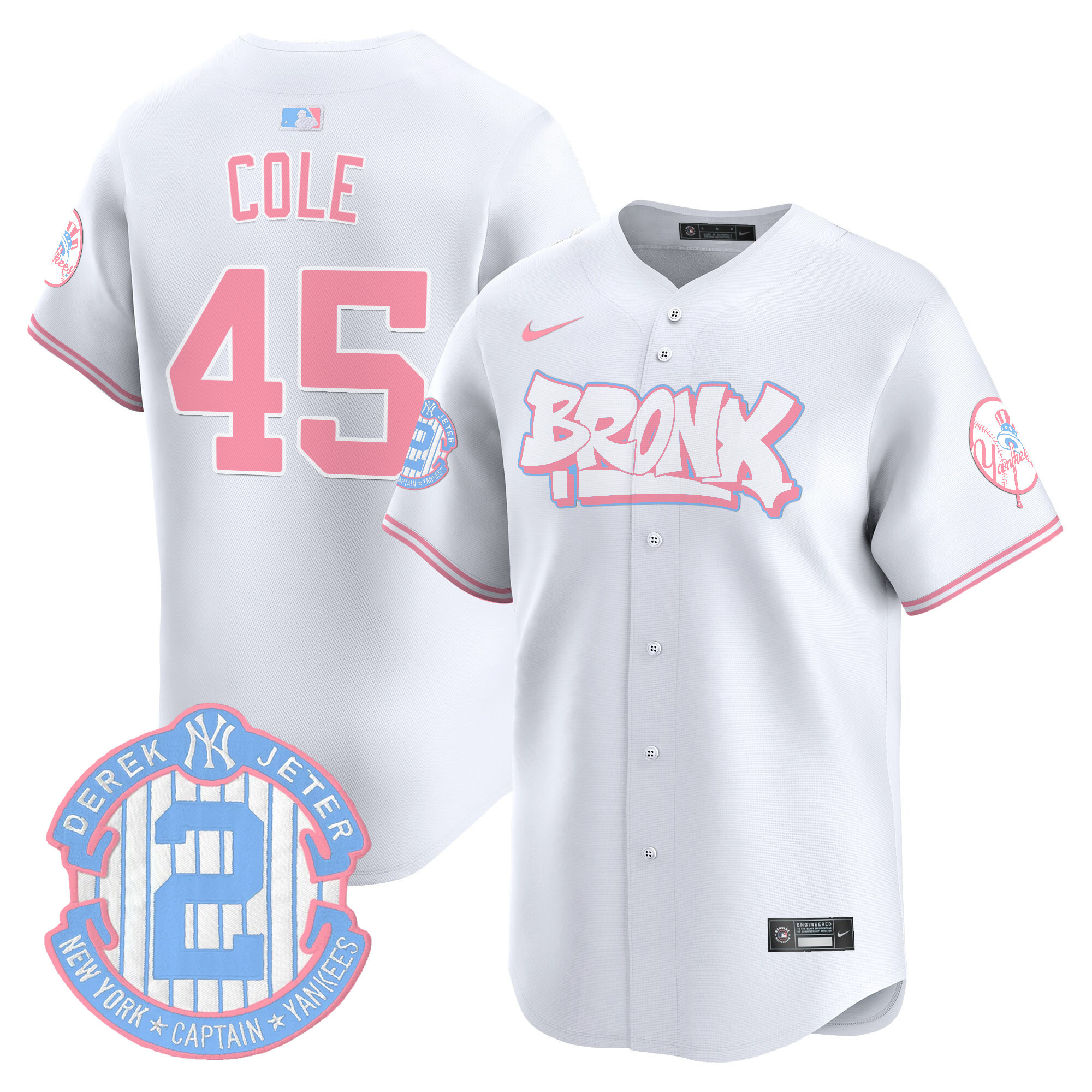 Gerrit ColeUnisex New York Yankees The Bronx Graffiti Bubblegum Pink Vapor Premier Limited White Jersey V2 - All Stitched