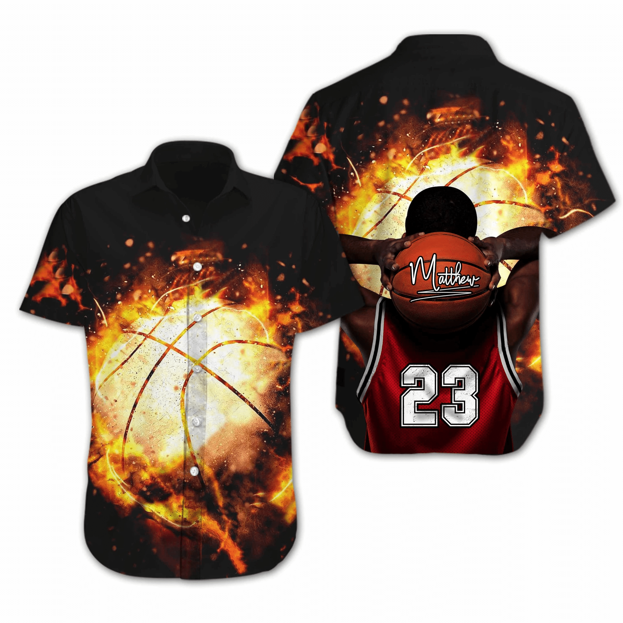 Get Here Custom Basketball Fire Tee Personalize 3D Hawaiian Shirts