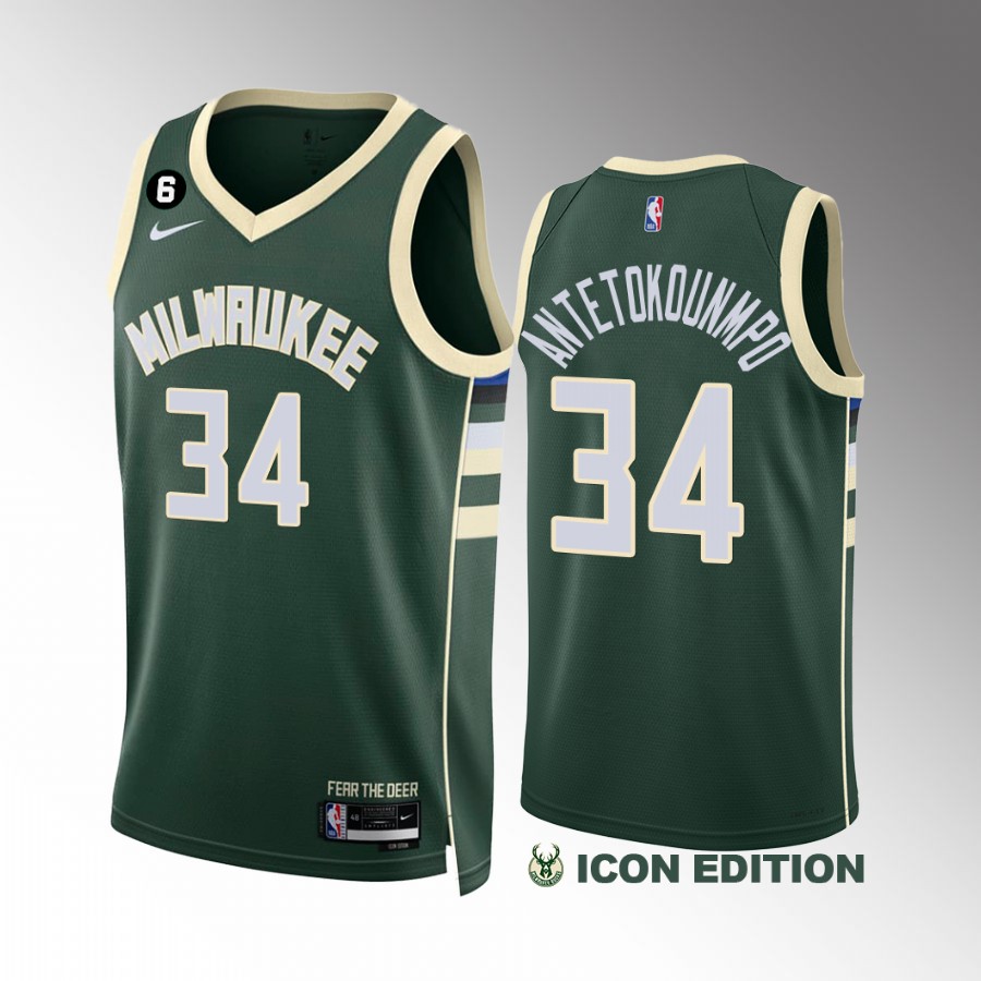 Giannis Antetokounmpo Milwaukee Bucks #34 Green Jersey 2022-23 Icon Edition NO.6 Patch