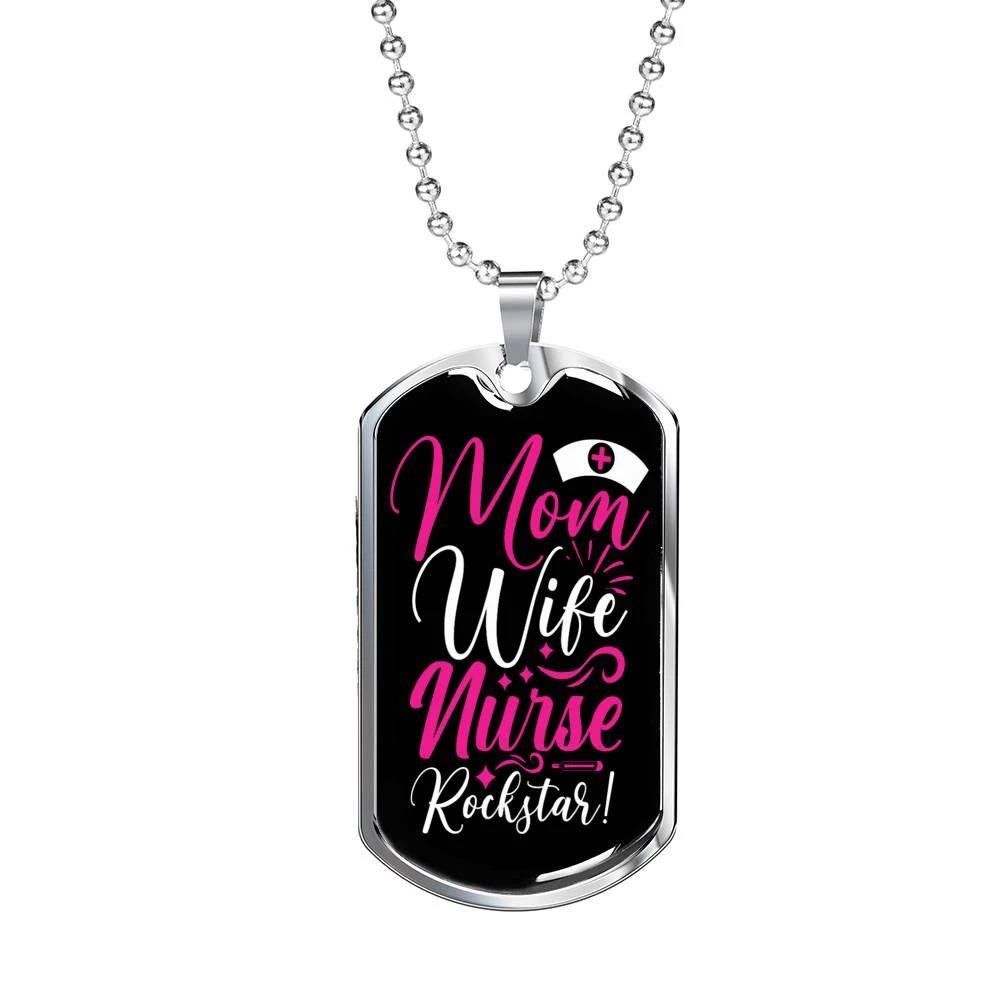 Gift For Mom Wife Nurse Rockstar Pink Theme Dog Tag Necklace