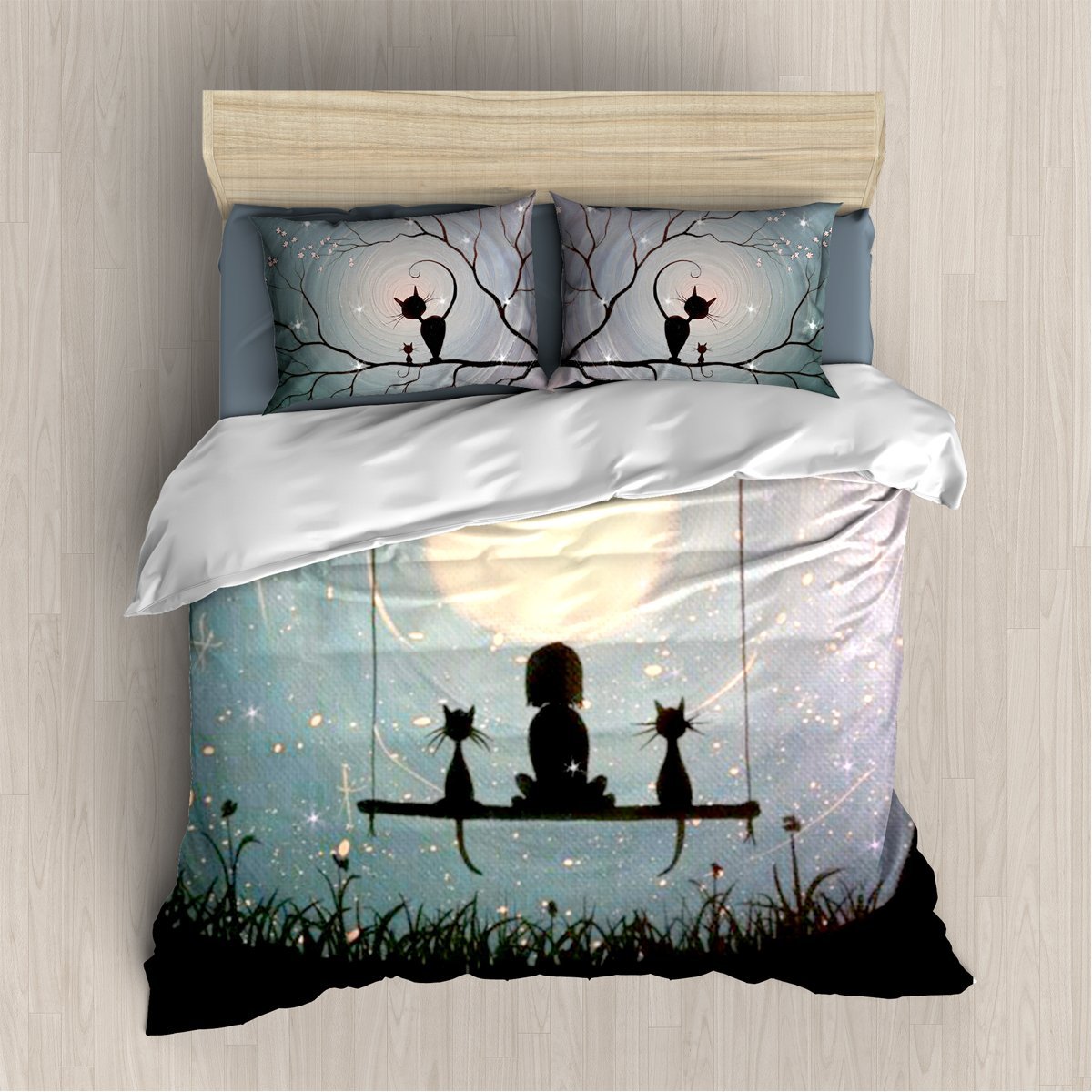Girl And Cats Blue 3D Customized Duvet Cover Bedding Set