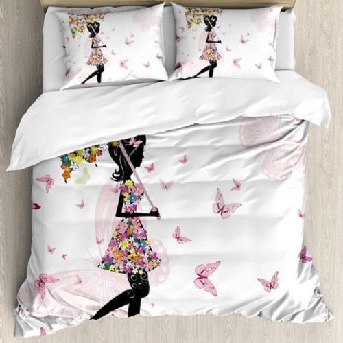 Girl With Floral Umbrella And Dress Walking Duvet Cover Bedding Set