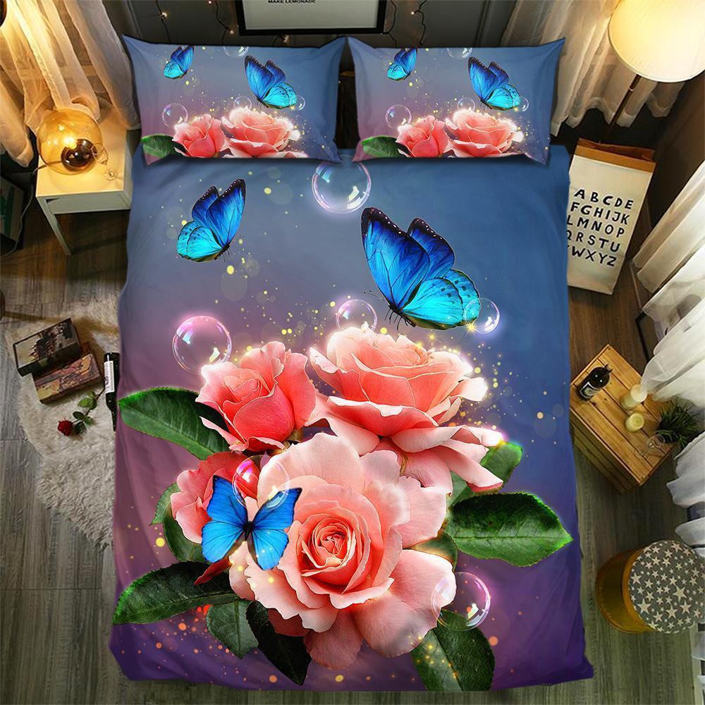 Glowing Pink Rose And Butterfly 3D Customized Duvet Cover Bedding Set