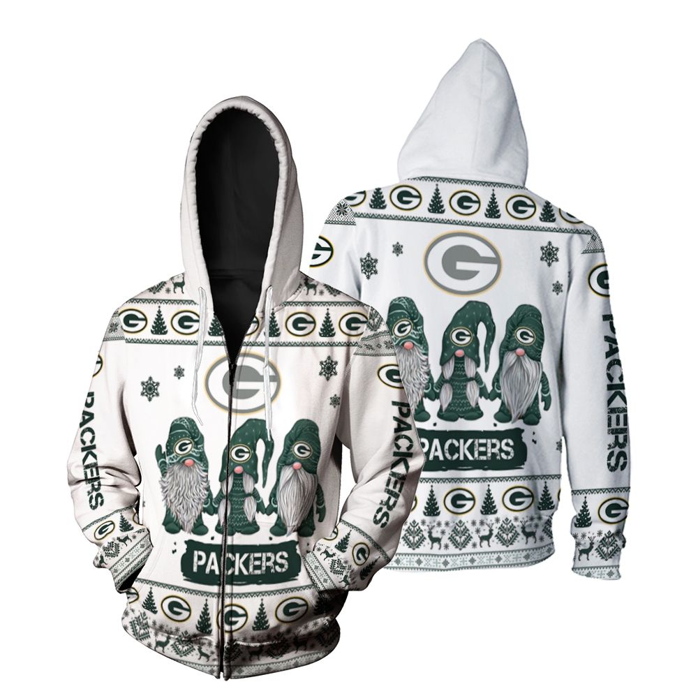 Gnomes Green Bay Packers Christmas 3D Zip Hoodie