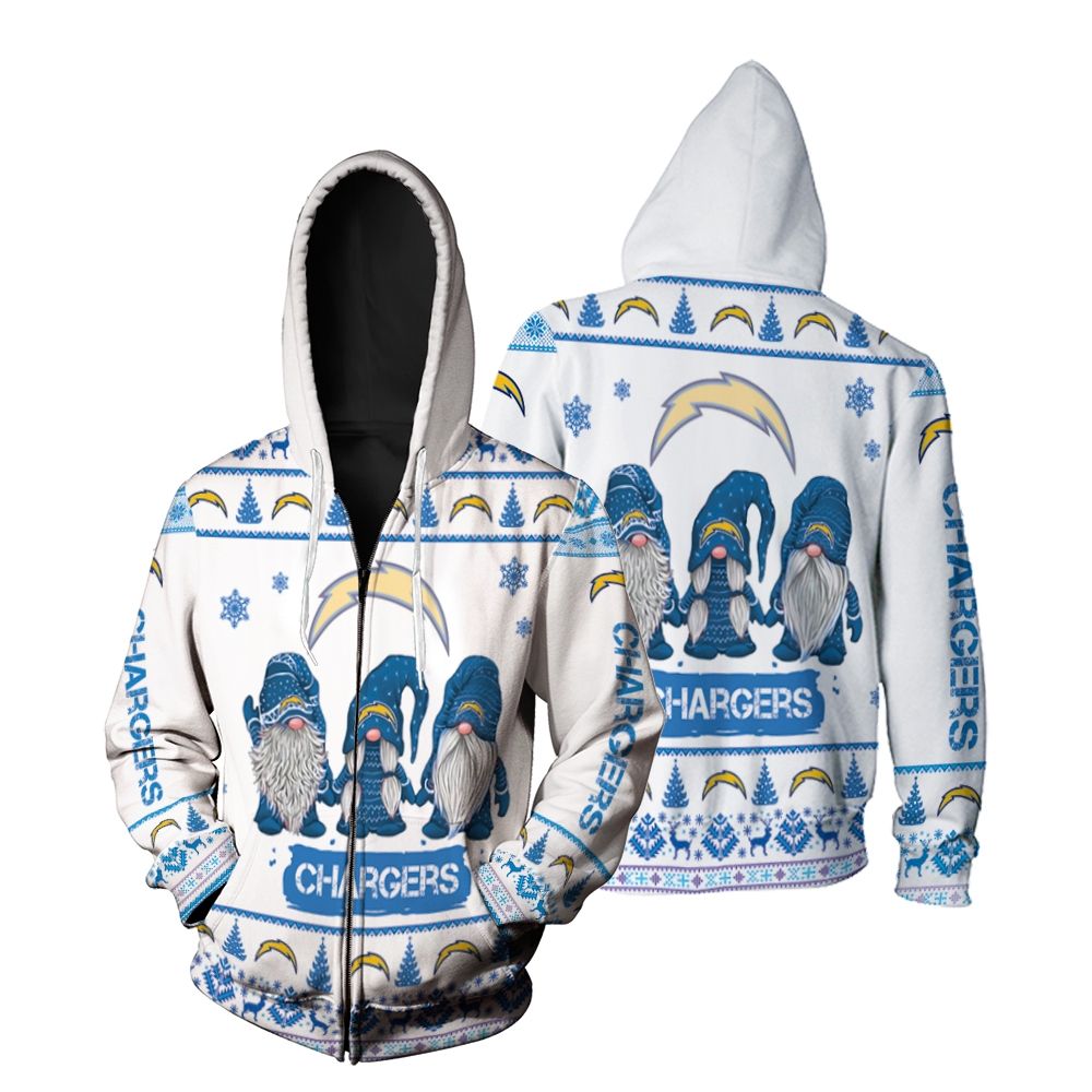 Gnomes Los Angeles Chargers Christmas 3D Zip Hoodie