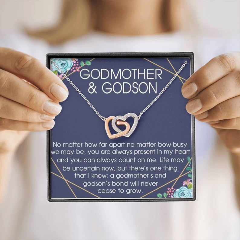 Godmother & Godson Gift Interlocking Hearts Necklace: Baptism, Confirmation, Graduation, Holiday, Birthday Gift