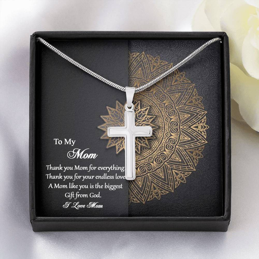 Gold Mandala Artisan Crafted Cross Necklace Gift For Mom Thank You Mom For Everything