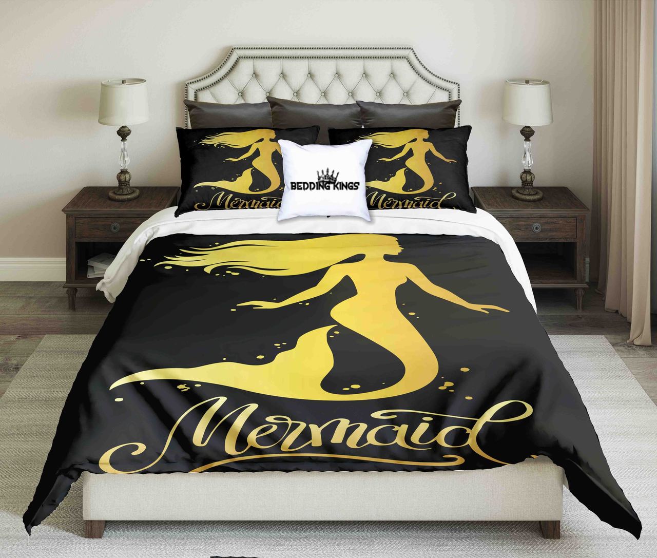 Golden Mermaid On Black Background Kings 3D Customized Duvet Cover Bedding Set