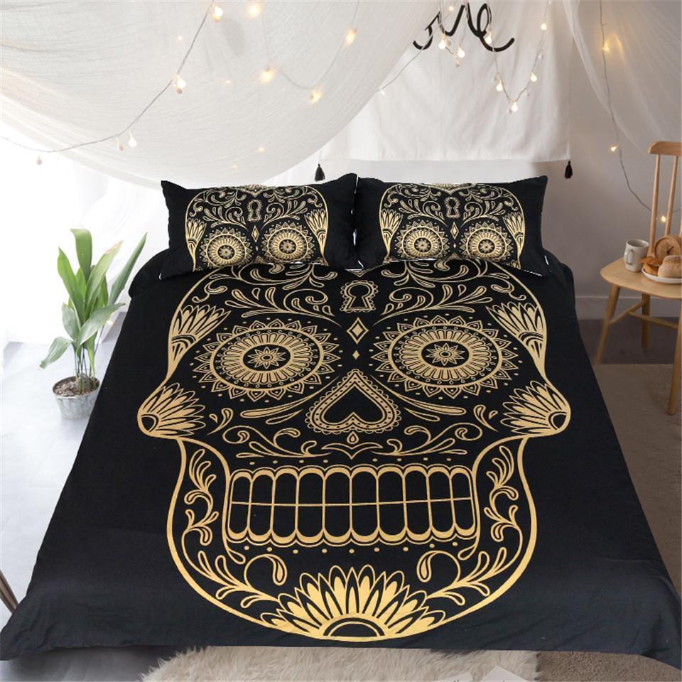Golden Sugar Skull Duvet Cover Bedding Set