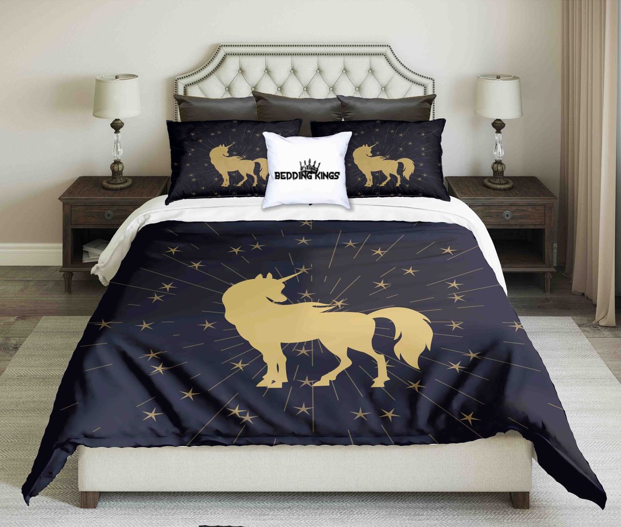 Golden Unicorn On Black Background Kings 3D Customized Duvet Cover Bedding Set