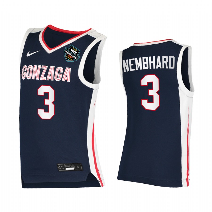 Gonzaga Bulldogs 2021 WCC Mens Conference Tournament Champions Andrew Nembhard #3 Jersey March Madness Navy Elite