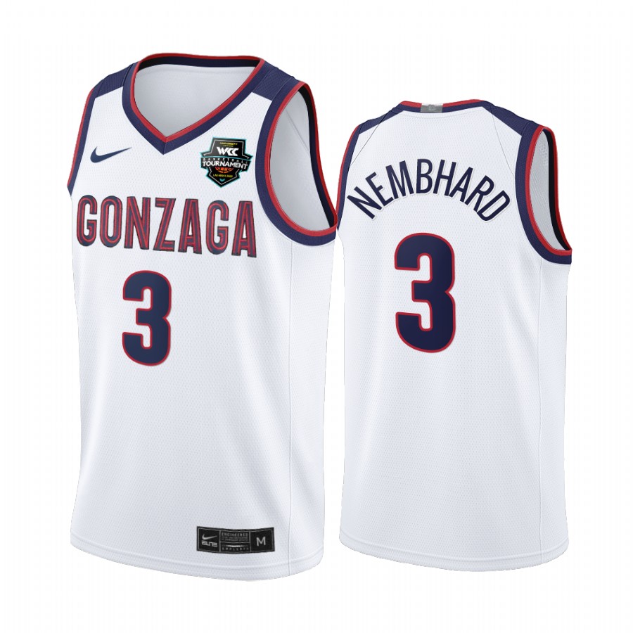 Gonzaga Bulldogs 2021 WCC Mens Conference Tournament Champions Andrew Nembhard #3 Jersey March Madness White Limited