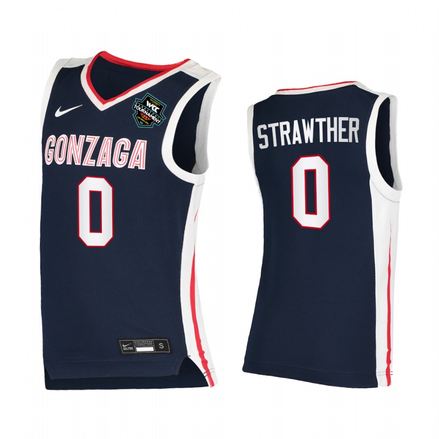 Gonzaga Bulldogs 2021 WCC Mens Conference Tournament Champions Julian Strawther #0 Jersey March Madness Navy Elite