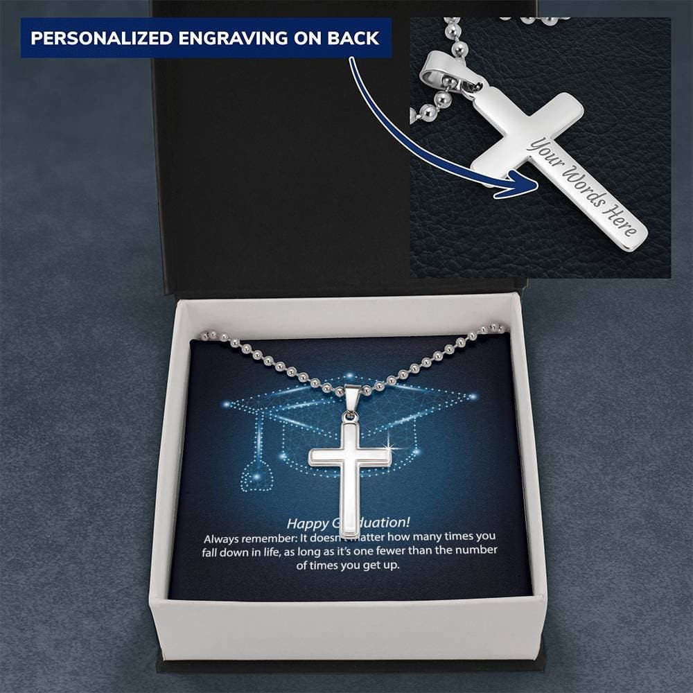 Graduation Always Get Up Personalized Cross Necklace with Ball Chain