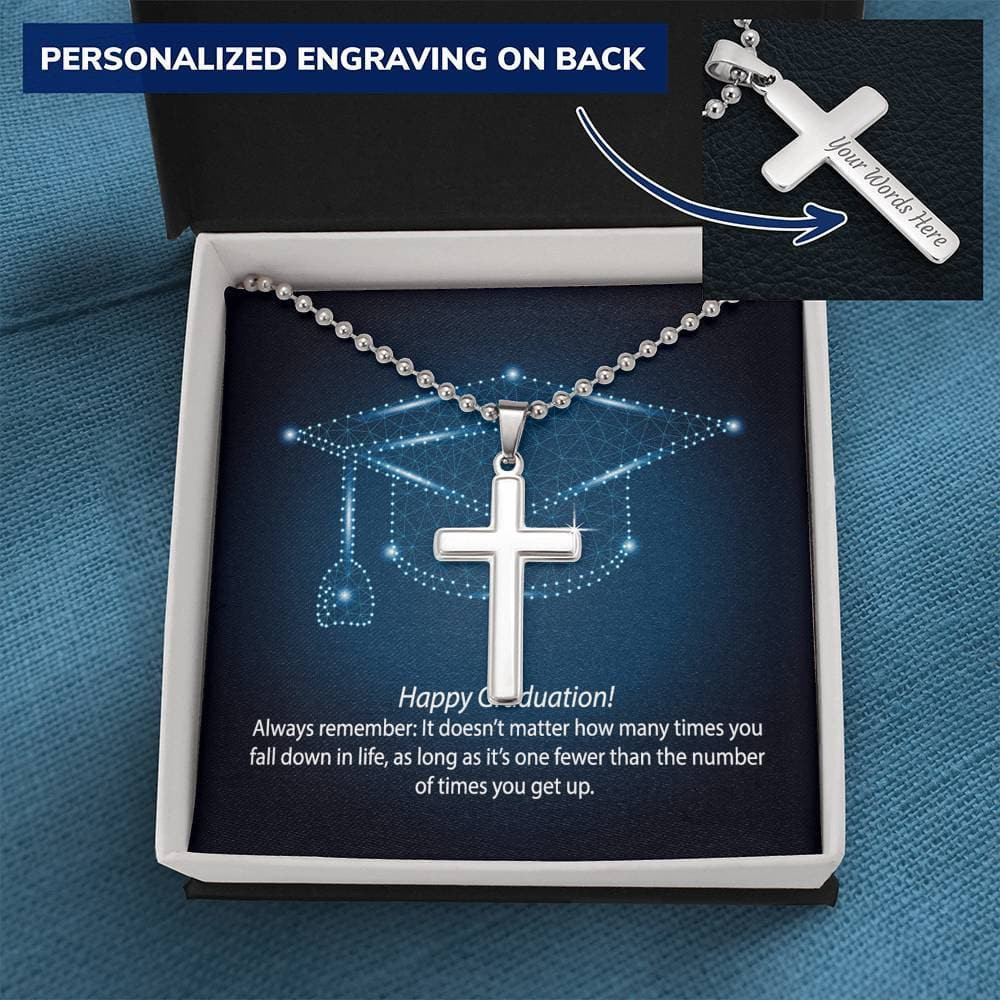 Graduation Always Get Up Personalized Cross Necklace with Ball Chain