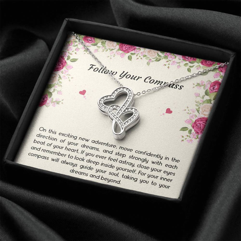 Graduation Gifts, Follow Your Compass, Double Heart Necklace For Women, College Preschool High School Graduation Present