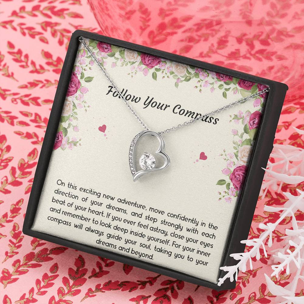 Graduation Gifts, Follow Your Compass, Forever Love Heart Necklace For Women, College Preschool High School Graduation Present