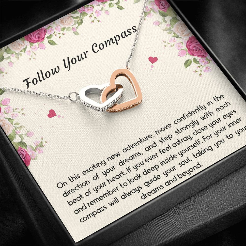 Graduation Gifts, Follow Your Compass, Interlocking Heart Necklace For Women, College Preschool High School Graduation Present