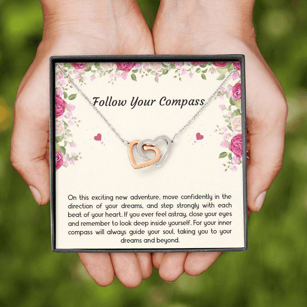 Graduation Gifts, Follow Your Compass, Interlocking Heart Necklace For Women, College Preschool High School Graduation Present