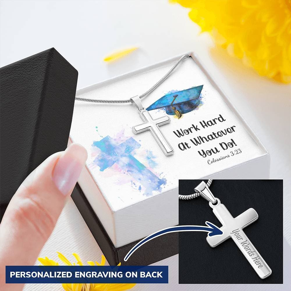 Graduation Work Hard Personalized Cross Necklace with Snake Chain