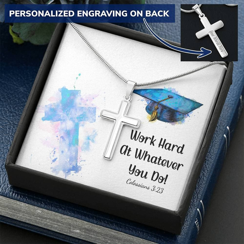 Graduation Work Hard Personalized Cross Necklace with Snake Chain