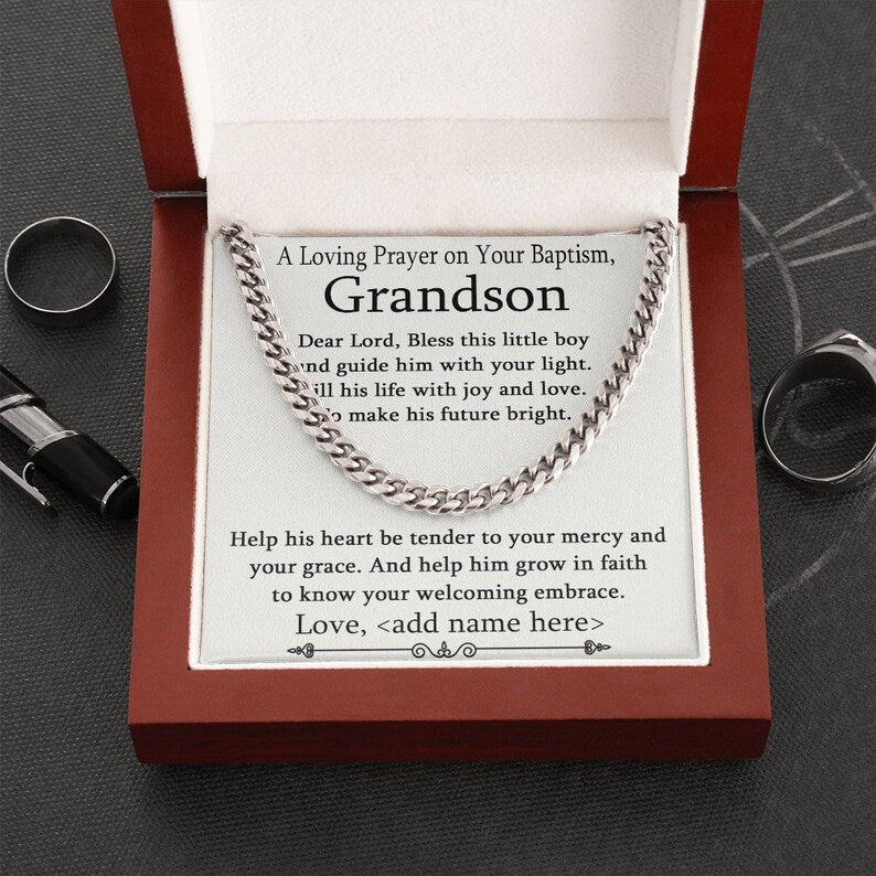 Grandson Baptism Necklace Gift, Christening Gift for Grandson, Cuban Link Chain Necklace For Grandson, Sentimental Baptism Gift For Boy