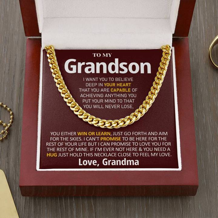 Grandson Necklace You Will Never Lose, You Either Win Or Learn Love, Grandma Cuban Link Chain Necklace