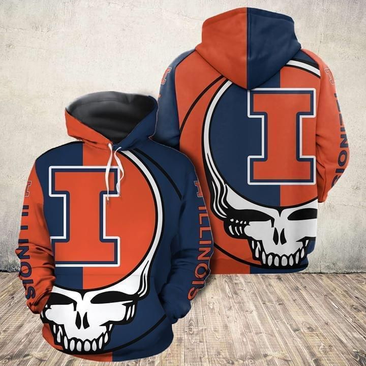 Grateful Dead Skull Illinois Fighting Illini 3D Hoodie