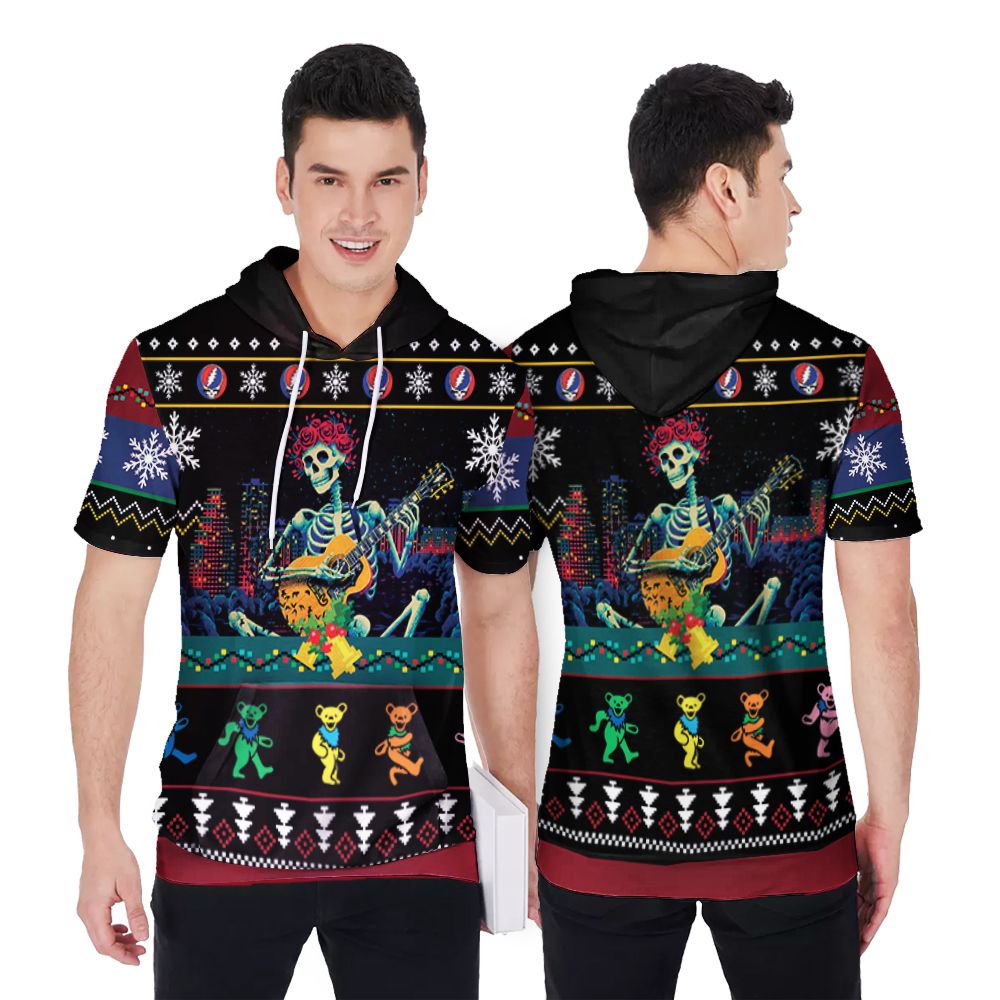 Grateful Dead Skull Skeleton Play Guitar Christmas 3D Printed Gift For Grateful Dead Fan Short Sleeve Hoodie