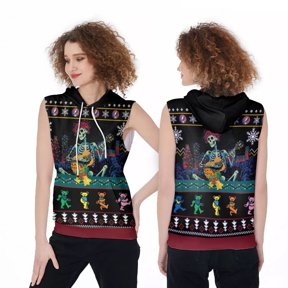 Grateful Dead Skull Skeleton Play Guitar Christmas 3D Printed Gift For Grateful Dead Fan Sleeveless Hoodie